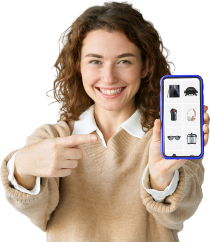 Woman pointing at smartphone with products
