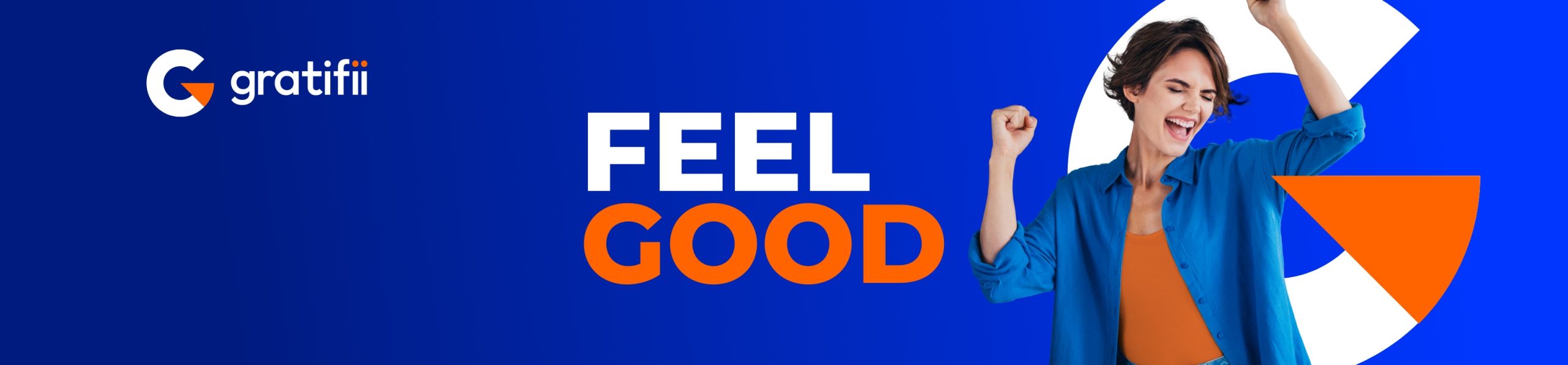 Gratifii banner with text feel good and girl image